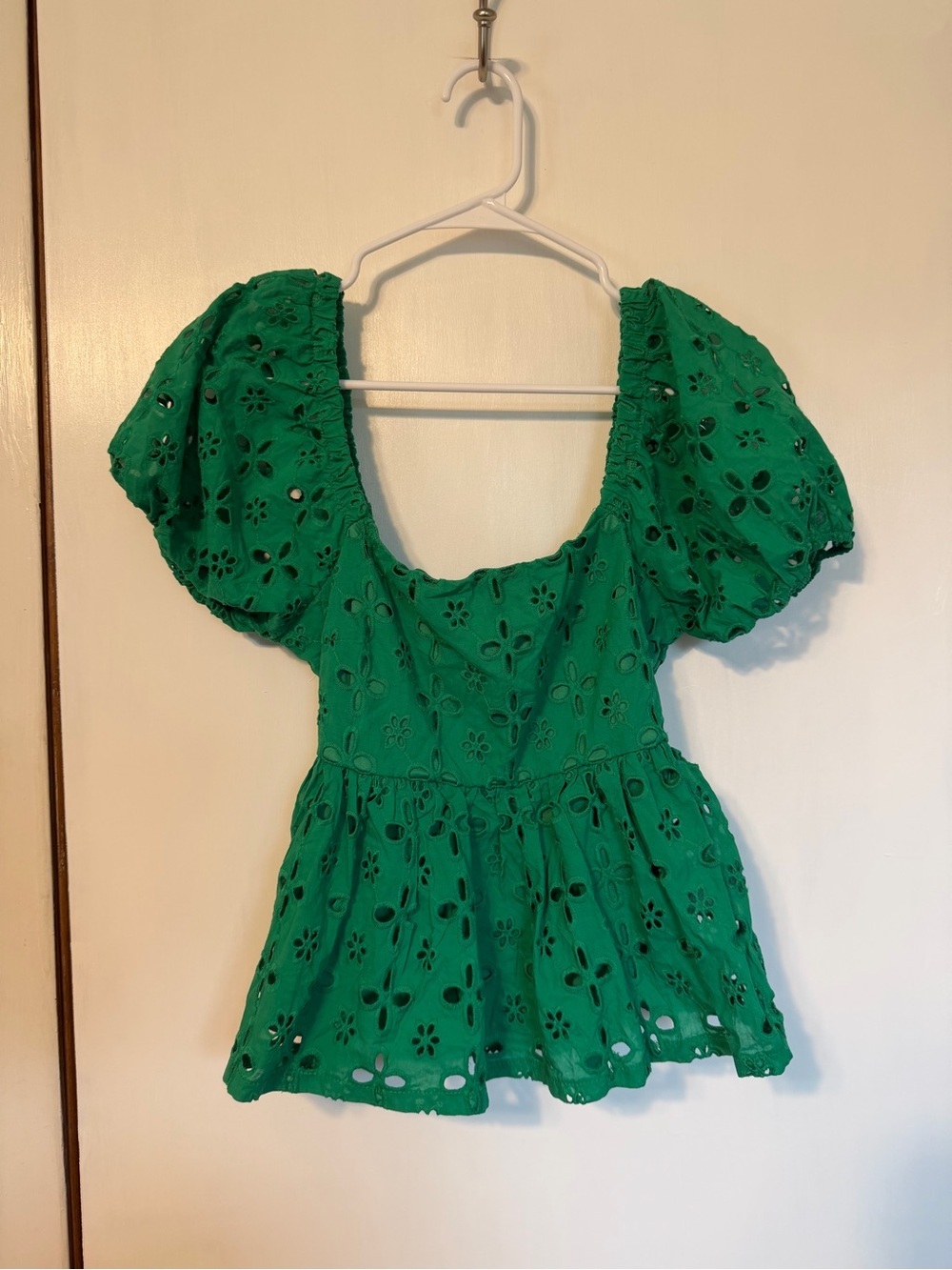 Trixxi Green Eyelet Puff-Sleeve Peplum Blouse